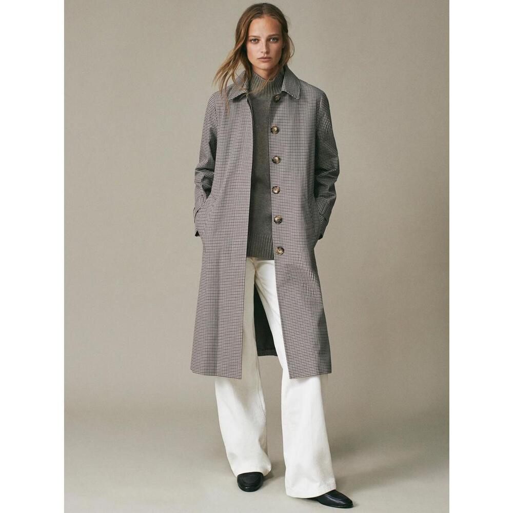 Massimo Dutti Houndstooth Plaid Long Trench Coat Womens Size XS Waist Belt City